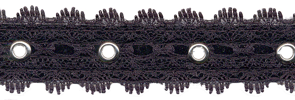 1.25" Width Galloon Lace with 1" Spaced Eyelets<br>Black Lace, Nickel Eyelets