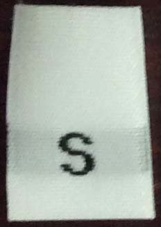 "S" 1/2" Wide X 3/4" Tall Woven Size Tab-White Background with Black Print