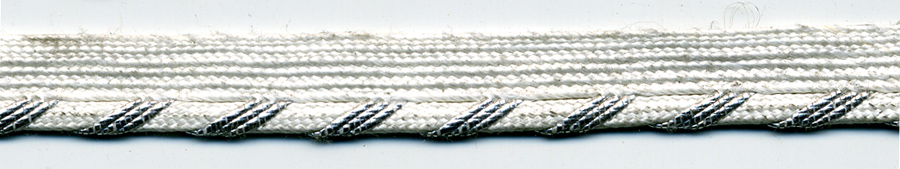 <font color="red">IN STOCK</font><br>3/8" Metallic/Rayon Gimp Cordedge Piping-Silver/White Stripe/White Apron