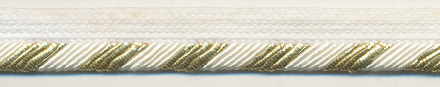 <font color="red">IN STOCK</font><br>3/8" Metallic/Rayon Cordedge Piping Stripe-White/Gold/White Apron