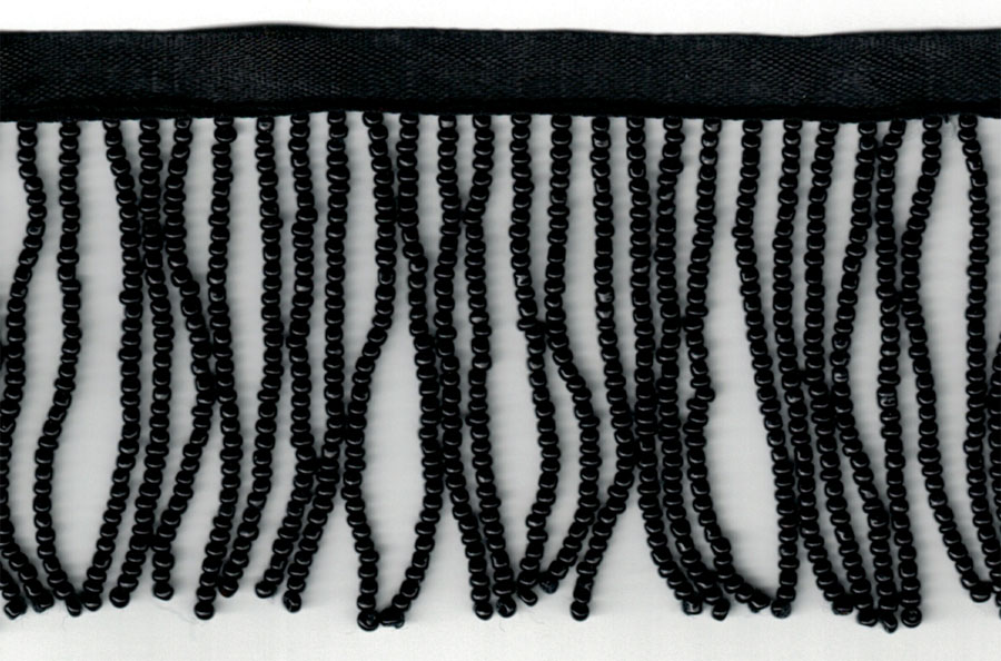 <font color="red">IN STOCK</font><br>1" Poly/Glass Beaded Fringe w/3/8" Satin Header-Black/Black