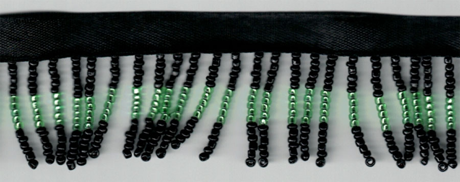 <font color="red">IN STOCK</font><br>1" Poly/Glass Beaded Fringe w/3/8" Satin Header-Black/Apple