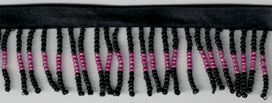 <font color="red">IN STOCK</font><br>1" Poly/Glass Beaded Fringe w/3/8" Satin Header-Black/Pink