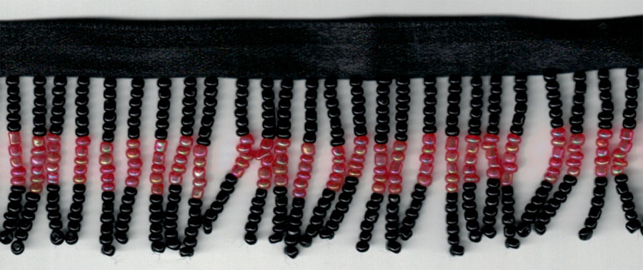 <font color="red">IN STOCK</font><br>1" Poly/Glass Beaded Fringe w/3/8" Satin Header-Black/Peach