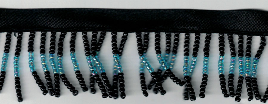 <font color="red">IN STOCK</font><br>1" Poly/Glass Beaded Fringe w/3/8" Satin Header-Black/Blue