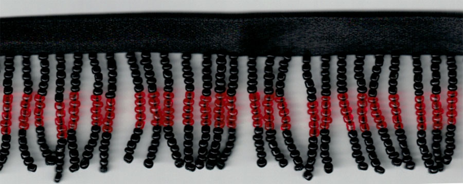 <font color="red">IN STOCK</font><br>1" Poly/Glass Beaded Fringe w/3/8" Satin Header-Black/Red