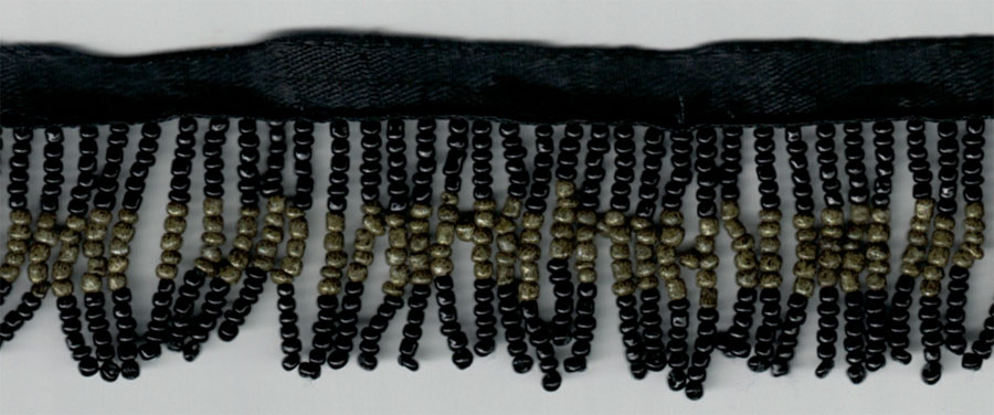 <font color="red">IN STOCK</font><br>1" Poly/Glass Beaded Fringe w/3/8" Satin Header-Black/Olive