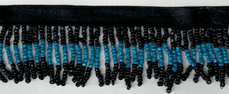 <font color="red">IN STOCK</font><br>1" Poly/Glass Beaded Fringe w/3/8" Satin Header-Black/Turquoise
