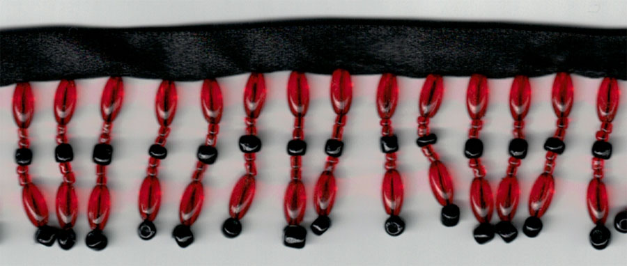 <font color="red">IN STOCK</font><br>1" Poly/Glass Beaded Fringe w/3/8" Satin Header-Black/Red