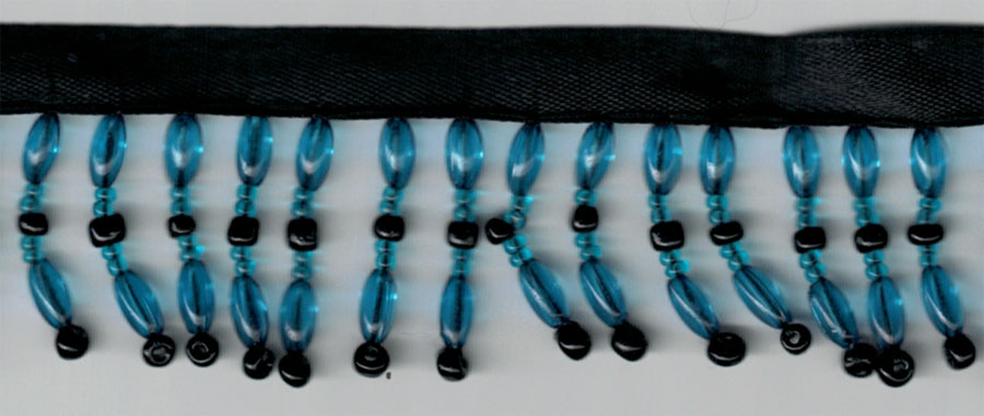<font color="red">IN STOCK</font><br>1" Poly/Glass Beaded Fringe w/3/8" Satin Header-Black/Turquoise
