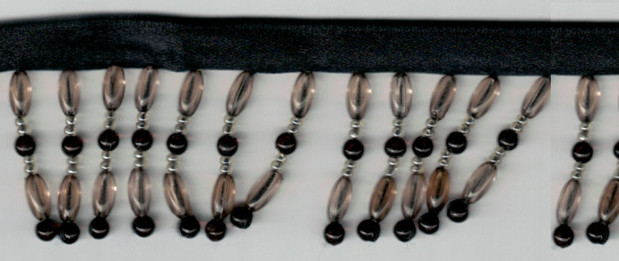 <font color="red">IN STOCK</font><br>1" Poly/Glass Beaded Fringe w/3/8" Satin Header-Black/Tan