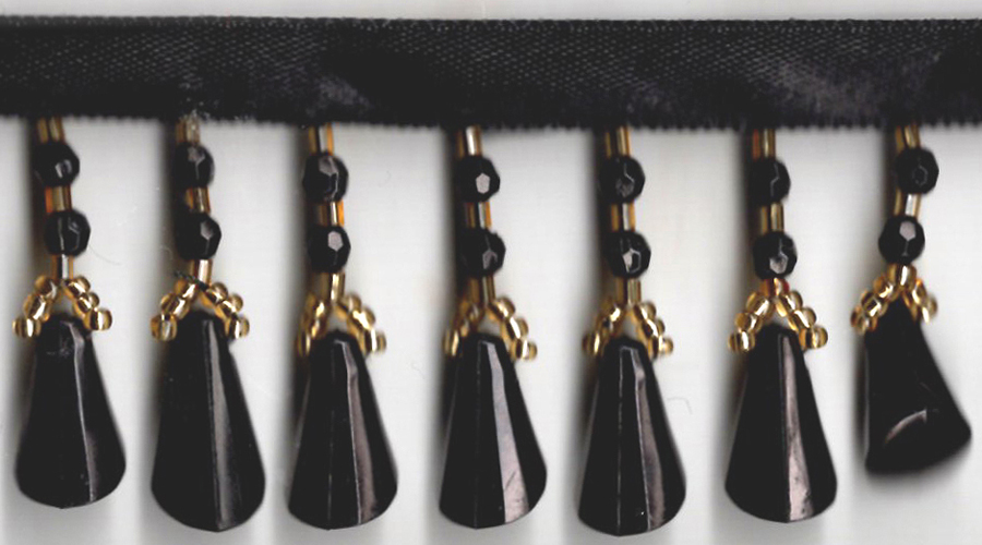 <font color="red">IN STOCK</font><br>1+5/8" Plastic Beaded Fringe-Black/Gold