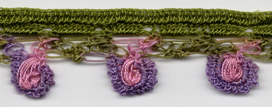 <font color="red">IN STOCK</font><br>1" Cotton Crochet Trim-Olive/Violet/Pink