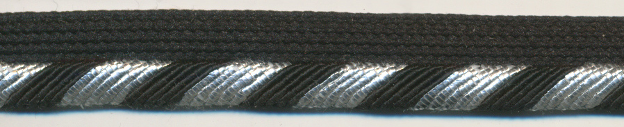 <font color="red">IN STOCK<br>MADE IN USA</font><br>1/2" Metallic/Rayon Cordedge Piping Stripe-Silver/Black Apron