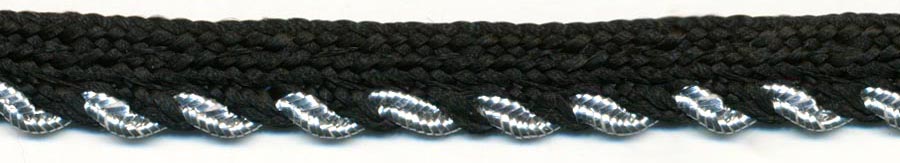 <font color="red">IN STOCK<br>MADE IN USA</font><br>1/2" Metallic/Rayon Cordedge Piping Stripe-Silver/Black Apron