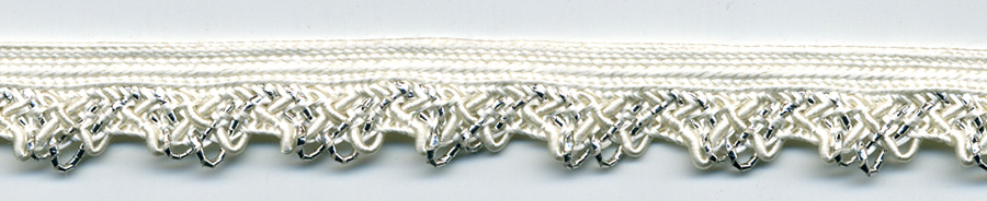 <font color="red">IN STOCK</font><br>3/8" Metallic/Rayon Gimp Cordedge Piping-Silver/White Edge/White Apron