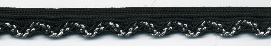 <font color="red">IN STOCK</font><br>3/8" Metallic/Rayon Gimp Cordedge Piping-Silver/Black Edge/Black Apron