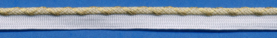 <font color="red">IN STOCK</font><br>3/8" Metallic/Rayon Cordedge Piping Fancy Weave-Gold Weave/White Apron